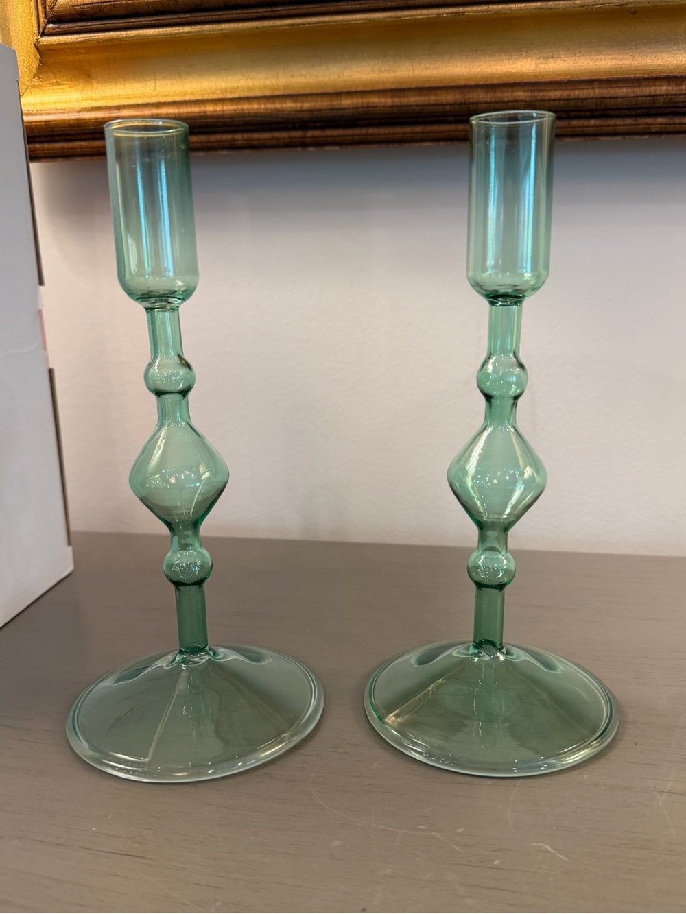POKETO Green Handmade Glass Taper Candlestick Holder Set Of 2 Original Box NEW